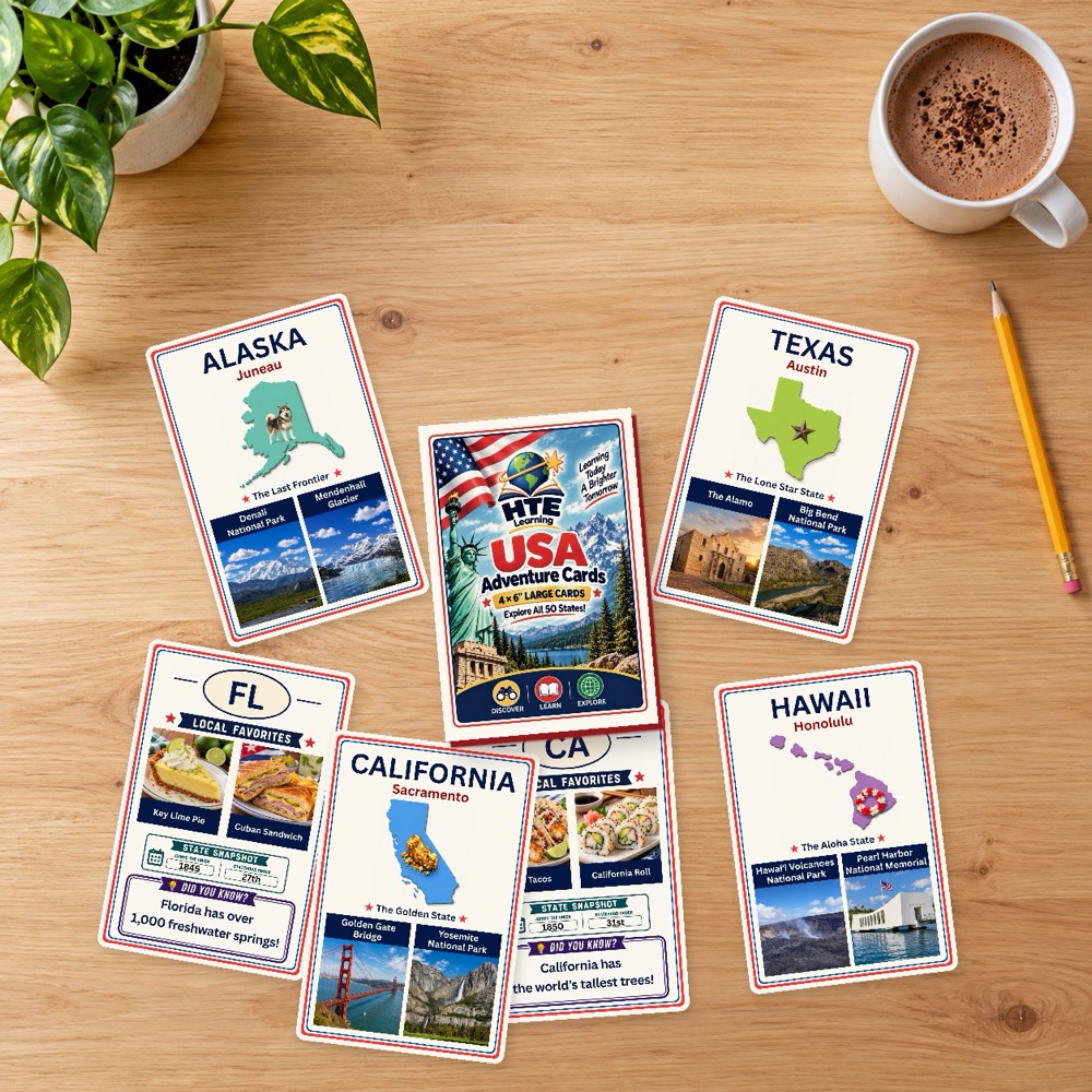 USA Adventure Cards box with Alaska, Texas, Florida, California, and Hawaii cards spread on a table