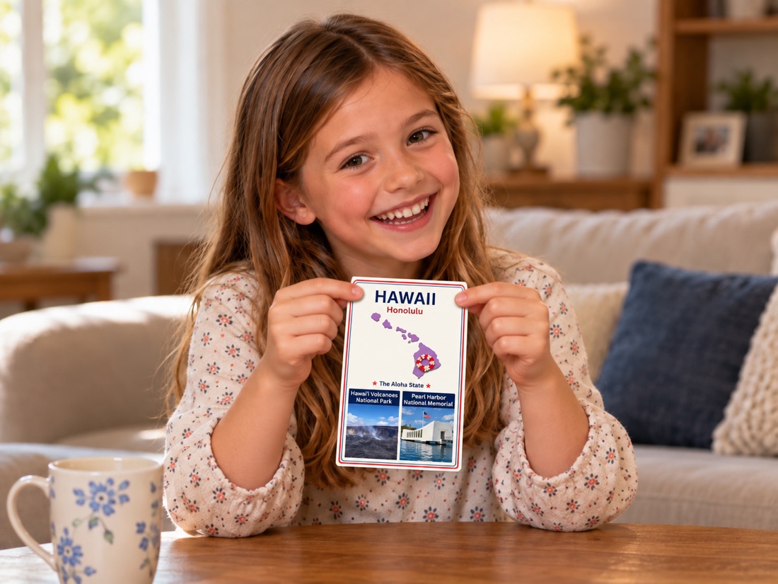 A smiling girl holding the Hawaii card from USA Adventure Cards