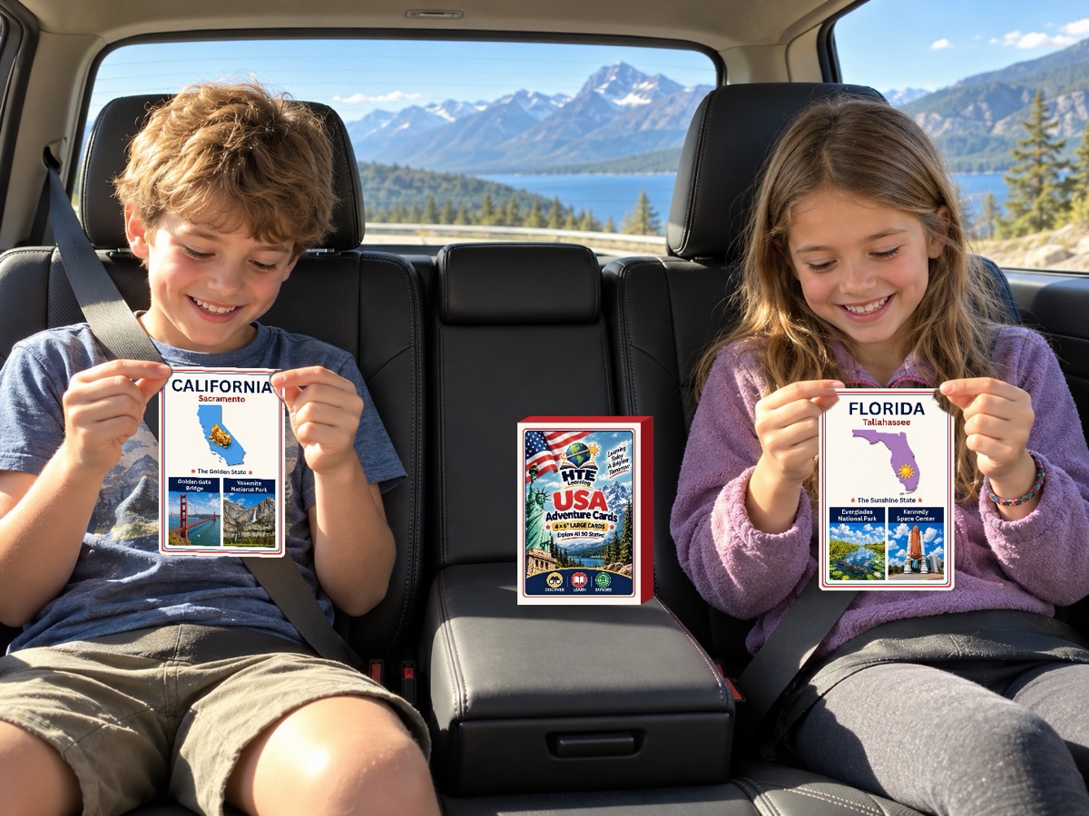 Two kids in the back seat of a car playing with USA Adventure Cards