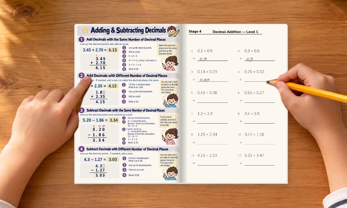 A child follows the decimals teaching page on the left while writing answers on the practice page on the right